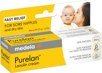 Medela Purelan Lanolin cream, żółto-białe pudełko, szybka ulga na bolące brodawki, widok z przodu i z boku.