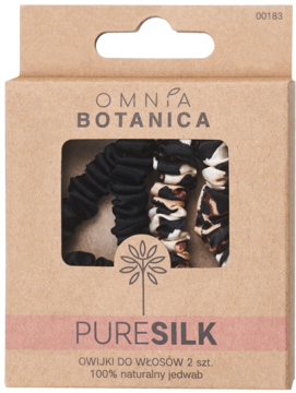 Omnia Botanica PURESILK: zestaw 2 jedwabnych owijek do włosów (czarna, leopard) w eko pudełku, widok z przodu.