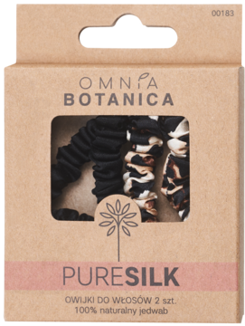 Omnia Botanica PURESILK: zestaw 2 jedwabnych owijek do włosów (czarna, leopard) w eko pudełku, widok z przodu.