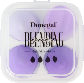 Zestaw 4 fioletowych gąbek Donegal Blending Sponge w transparentnym etui, do aplikacji podkładu, widok z góry.