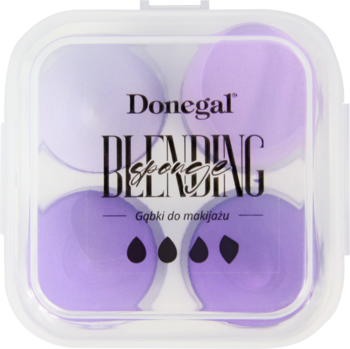 Zestaw 4 fioletowych gąbek Donegal Blending Sponge w transparentnym etui, do aplikacji podkładu, widok z góry.