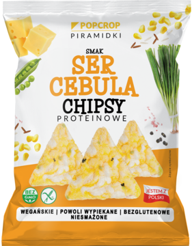 Pomarańczowa paczka wegańskich Popcrop Piramidek Ser Cebula, proteinowe chipsy bezglutenowe, widok z przodu.