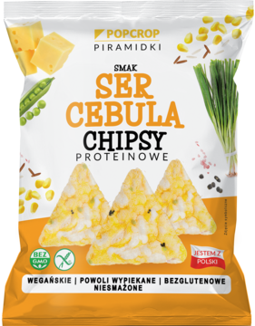 Pomarańczowa paczka wegańskich Popcrop Piramidek Ser Cebula, proteinowe chipsy bezglutenowe, widok z przodu.