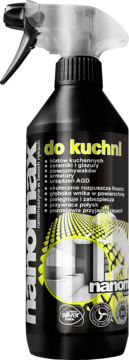 Czarny spray Nanomax PRO Kuchnia do czyszczenia, widok z przodu, z przezroczystą dyszą i żółto-zieloną etykietą.