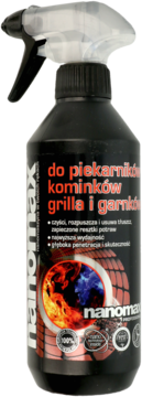 Czarny spray Nanomax do piekarników, kominków i grilli, z czerwoną etykietą i grafiką ognia. Widok z przodu.