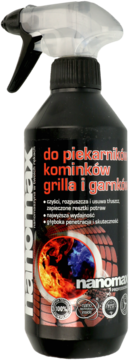 Czarny spray Nanomax do piekarników, kominków i grilli, z czerwoną etykietą i grafiką ognia. Widok z przodu.