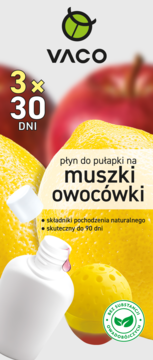 VACO płyn do pułapki na muszki owocówki, biała butelka na tle cytryn i jabłek, naturalne składniki, 90 dni skuteczności.