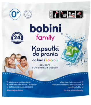 Bobini Family żelowe kapsułki do prania białych i kolorowych ubrań, biało-niebieska torba, widok z przodu.
