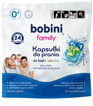 Bobini Family żelowe kapsułki do prania białych i kolorowych ubrań, biało-niebieska torba, widok z przodu.