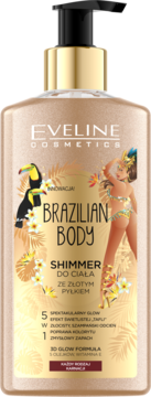 Eveline Brazilian Body Shimmer do ciała ze złotym pyłkiem w beżowej butelce z pompką, z tropikalnymi wzorami.