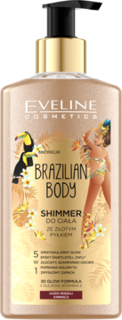 Eveline Brazilian Body Shimmer do ciała ze złotym pyłkiem w beżowej butelce z pompką, z tropikalnymi wzorami.