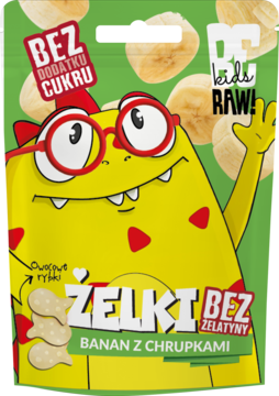 Zielone opakowanie żelków DC Kids RAW! banan z chrupkami, żółty potwór, napis bez żelatyny i cukru, przód.