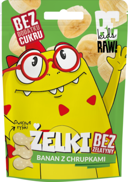 Zielone opakowanie żelków DC Kids RAW! banan z chrupkami, żółty potwór, napis bez żelatyny i cukru, przód.