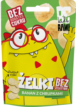 Zielone opakowanie żelków bananowych DC kids RAW!, bez cukru i żelatyny, z żółtym potworem i chrupkami.