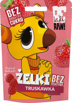 Różowe opakowanie żelek owocowych BE RAW! Kids truskawkowych, bez cukru i żelatyny, z rysunkiem postaci.