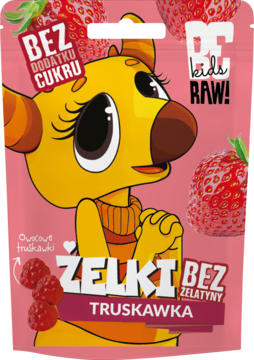 Różowe opakowanie żelek owocowych BE RAW! Kids truskawkowych, bez cukru i żelatyny, z rysunkiem postaci.