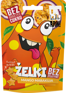 Opakowanie żelków Mango Marakuja DC Kids z pomarańczowym potworem, bez cukru i żelatyny. Widok z przodu.