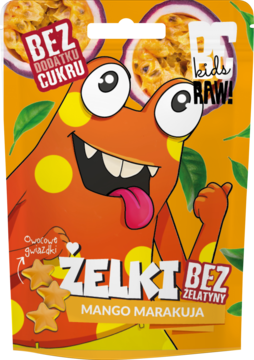 Opakowanie żelków Mango Marakuja DC Kids z pomarańczowym potworem, bez cukru i żelatyny. Widok z przodu.