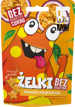 Front opakowania wegańskich żelek mango-marakuja, z wesołym pomarańczowym potworem. Bez cukru, żelatyny.