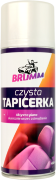 Brumm Czysta Tapicerka, aktywna piana w białej puszce sprayu, fioletowo-różowa etykieta z fotelem samochodowym.
