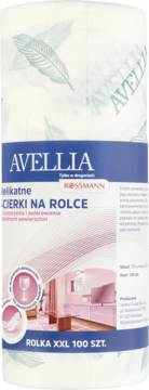 Avellia delikatne ścierki na rolce XXL 100 szt., biały papier w zielone pióra, niebieska etykieta, widok z przodu.