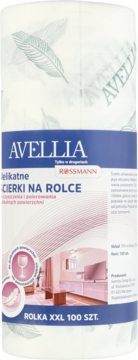 Avellia delikatne ścierki na rolce XXL 100 szt., biały papier w zielone pióra, niebieska etykieta, widok z przodu.