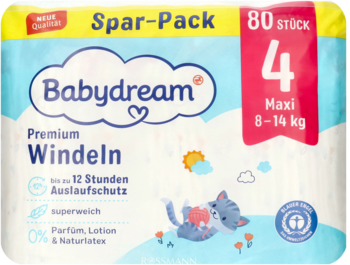 Białe opakowanie pieluch Premium Babydream Maxi 4 (8-14 kg), 80 sztuk. Widok z przodu, z grafiką kotka.