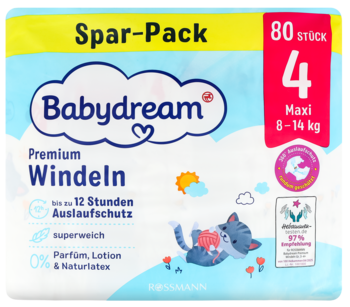 Babydream Premium Windeln Spar-Pack Maxi 4 (8-14kg), 80 sztuk, błękitne opakowanie, widok z przodu.