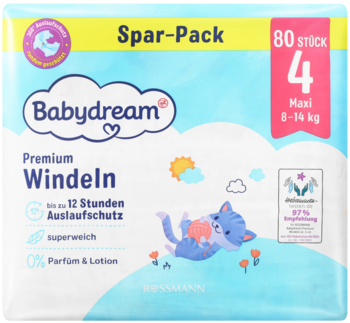 Opakowanie Babydream Premium Windeln Maxi 8-14 kg, 80 sztuk, na jasnoniebieskim tle rysunek kotka.