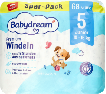Białe opakowanie pieluszek Babydream Premium Junior 5 (10-16kg), 68 sztuk, bez perfum i lateksu.