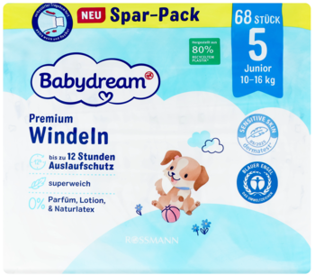 Pieluszki Babydream Premium Junior 10-16 kg, rozmiar 5, 68 sztuk. Białe opakowanie, bez zapachu, widok z przodu.