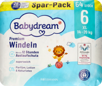 Biało-niebieskie opakowanie pieluszek Babydream Premium, r. 6 XL (14-20 kg), 64 sztuki, 12h ochrony.