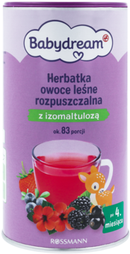 Fioletowa puszka herbatki Babydream Owoce Leśne rozpuszczalnej z izomaltulozą, ilustracja owoców i jelonka, widok przodem.