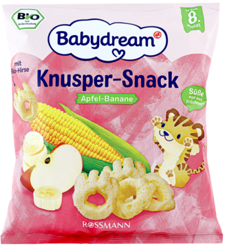 Babydream chrupki jabłkowo-bananowe BIO z prosem, różowe opakowanie z kukurydzą i tygrysem. Widok z przodu.