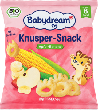 Babydream chrupki jabłkowo-bananowe BIO, różowe opakowanie z kukurydzą i owocami, od 8 mies.