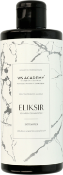 Szampon WS Academy Eliksir z plexem do włosów farbowanych, czarna butelka z marmurkową etykietą, widok z przodu.