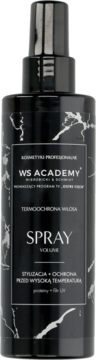 Czarny spray WS Academy Spray Volume do włosów, butelka z marmurowym wzorem, dla objętości i termoochrony.