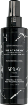 Czarny spray WS Academy Spray Volume do włosów, butelka z marmurowym wzorem, dla objętości i termoochrony.