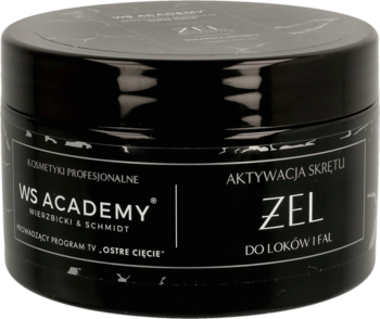 Czarny żel WS Academy do loków i fal, aktywujący skręt, w okrągłym słoiczku, widok z przodu.