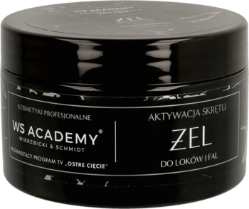Czarny żel WS Academy do loków i fal, aktywujący skręt, w okrągłym słoiczku, widok z przodu.
