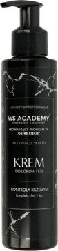 Czarna butelka z pompką WS Academy, krem do loków i fal. Biały marmurowy wzór, front view. Aktywator skrętu, kompleks chia+len.