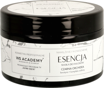 Czarny słoik maski do włosów WS Academy Esencja Czarna Orchidea, biała etykieta, widok z przodu.