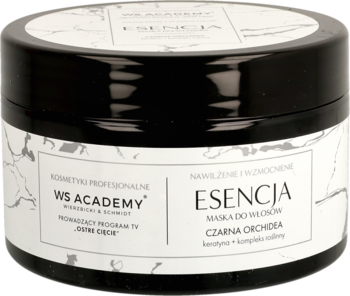 Czarny słoik maski do włosów WS Academy Esencja Czarna Orchidea, biała etykieta, widok z przodu.