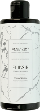 Szampon WS ACADEMY Eliksir z Czarną Orchideą w czarnej butelce z białym marmurowym wzorem, widok z przodu.