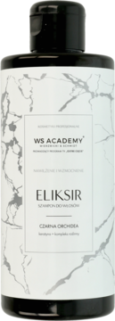 Szampon WS ACADEMY Eliksir z Czarną Orchideą w czarnej butelce z białym marmurowym wzorem, widok z przodu.