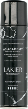 Czarny lakier do włosów WS ACADEMY z białym marmurkowym wzorem, mocne utrwalenie, widok z przodu.