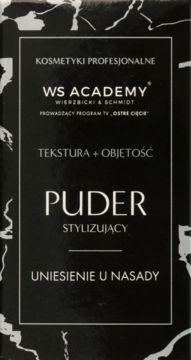 Czarny kartonik WS Academy Puder Stylizujący do włosów, widok z przodu. Zapewnia objętość i uniesienie u nasady.