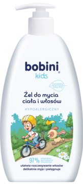 Biały, hipoalergiczny żel Bobini Kids do mycia ciała i włosów. Na etykiecie chłopiec i królik, widok z przodu.