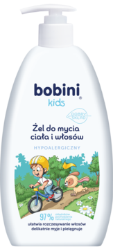 Biały, hipoalergiczny żel Bobini Kids do mycia ciała i włosów. Na etykiecie chłopiec i królik, widok z przodu.