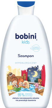 Biała butelka szamponu Bobini Kids Hipoalergiczny, z grafiką dzieci czytających w łóżku, nie powoduje łzawienia.
